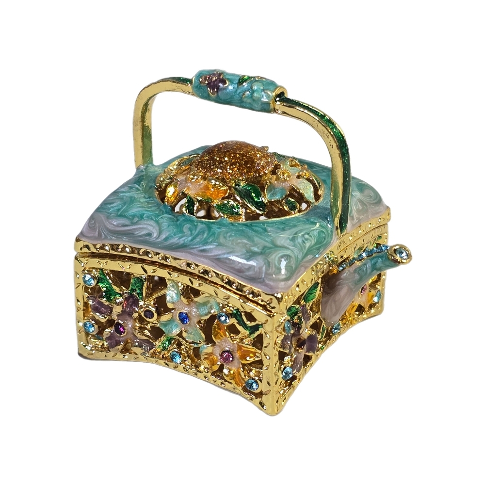 Mini Enamel Trinket Box Teapot / Watering Can With Flowers Magnetic Hinge Aqua